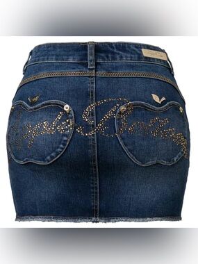 Y2K Low Rise Denim Mini Skirt - Apple Bottoms Rhinestone Pocket - Size 12
